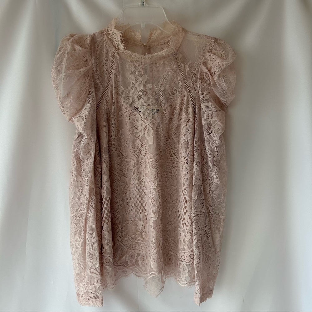 Savanna Jane Blush Lace Puff-Sleeve Blouse